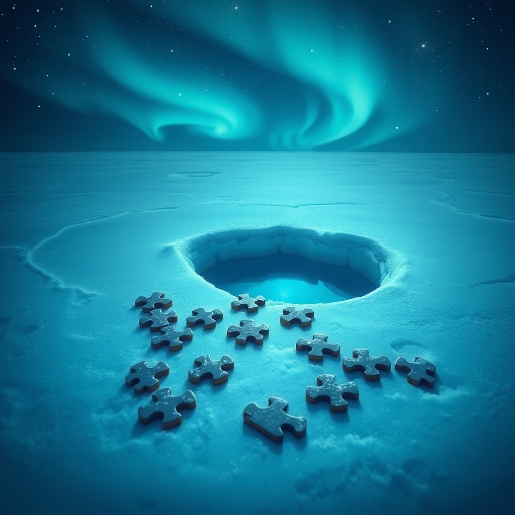 Puzzle pieces on packed snow beside an ice hole