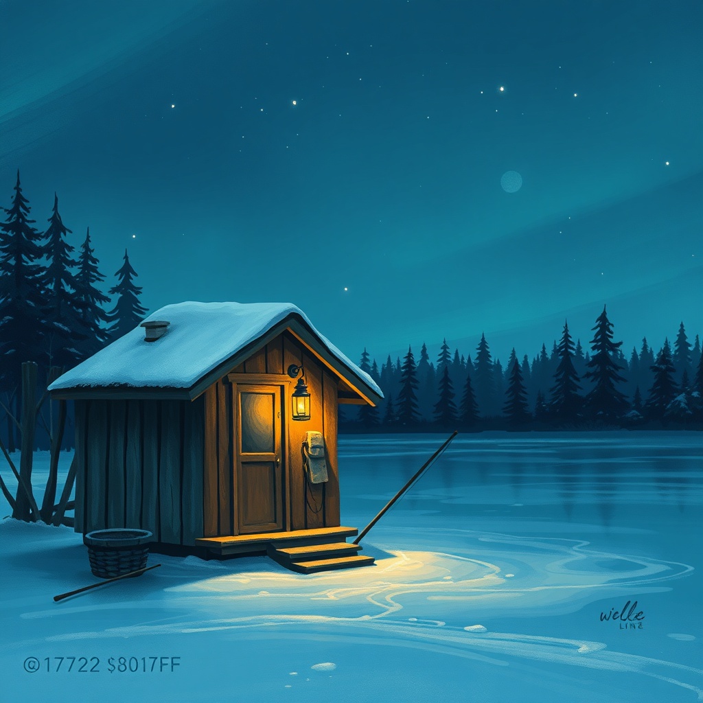 Ice fishing hut with lantern glow at dawn